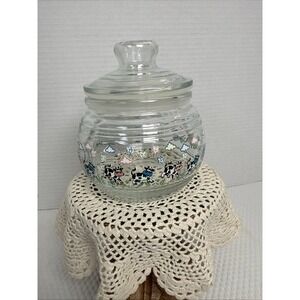 KIG Indonesia Vintage Glass Candy Jar Cannister Apothecary Lid Happy Cows. 5X5"